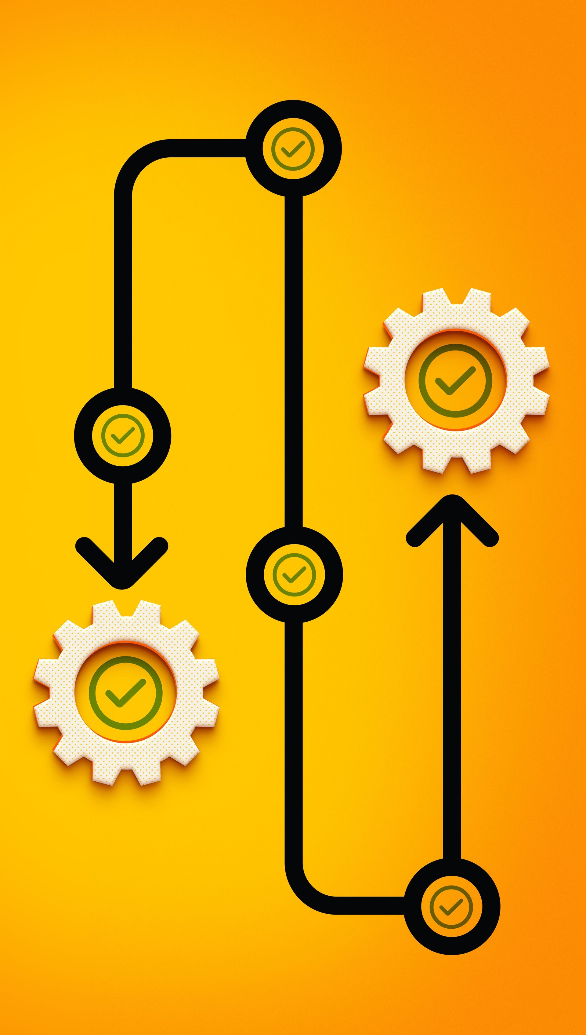 3D Curved Arrow with Focus Circles and Check Marks, Surrounded by Gears, Representing Process Flow and Approval